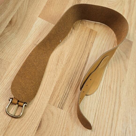 Tan Wide Faux Leather Belt Brass Toned Buckle - Picture 7 of 8